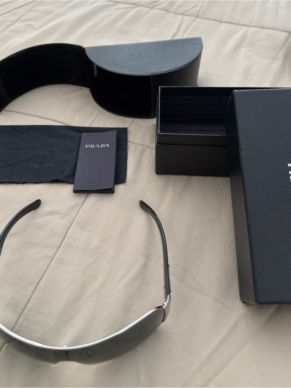 Prada Silver Frame Black Lens Shield Sunglasses Y2K w/Box and Case Cloth - Picture 9 of 10